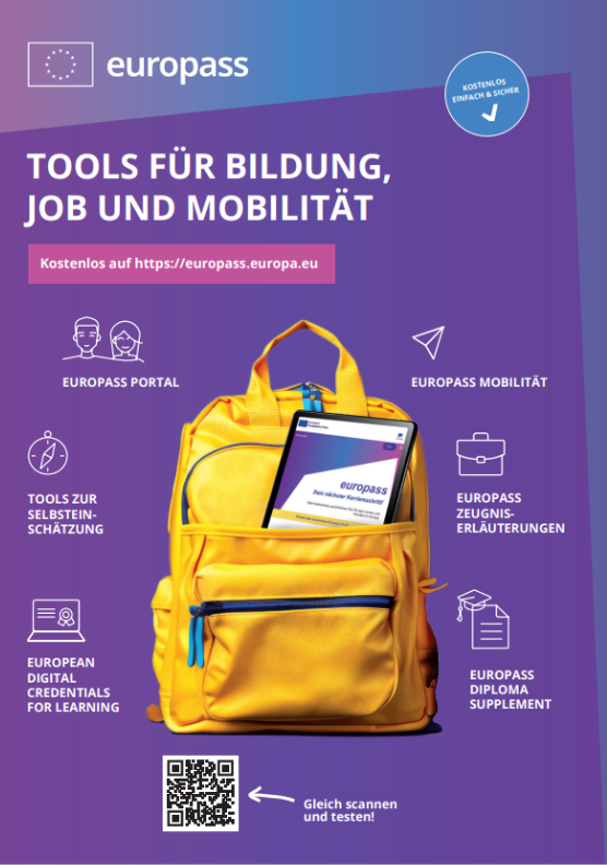 ein gelber Rucksack mit Tablet vor lila Hintergrund. Darum herum Icons mit den Namen der Europass Tools.